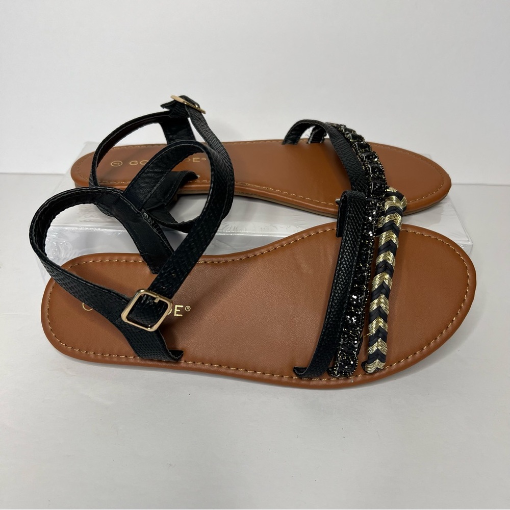 Goldtoe black croc strap flat sandals gold and glitter top straps women's 7